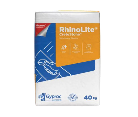Box of RhinoLite CreteStone plaster with Gyproc branding on a white background